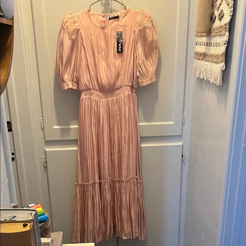 Ina Blush Pink Pleated Maxi Dress with Lace Yoke